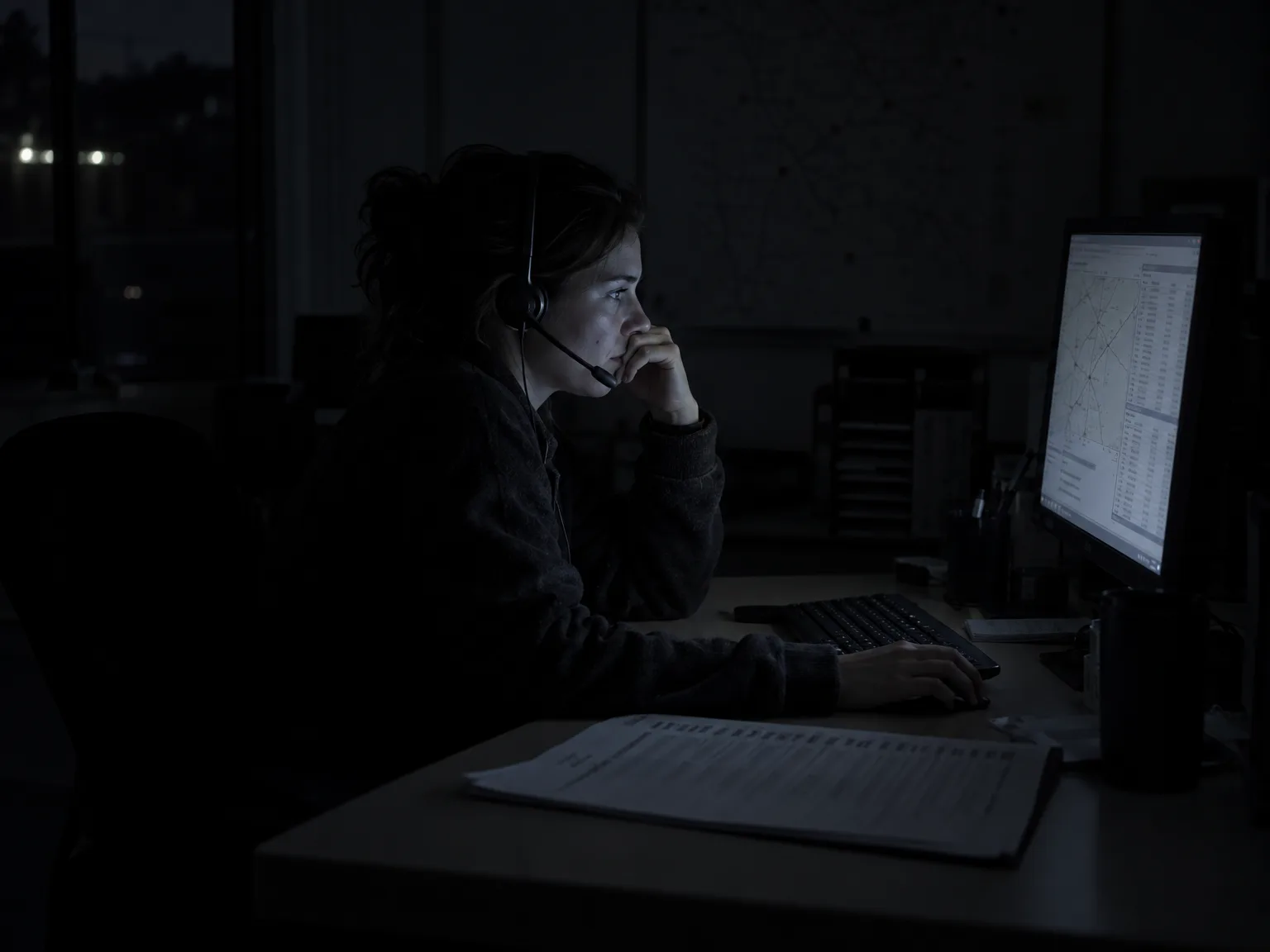 A connectivity coordinator at a desk at night, headset on, one monitor lighting their face
