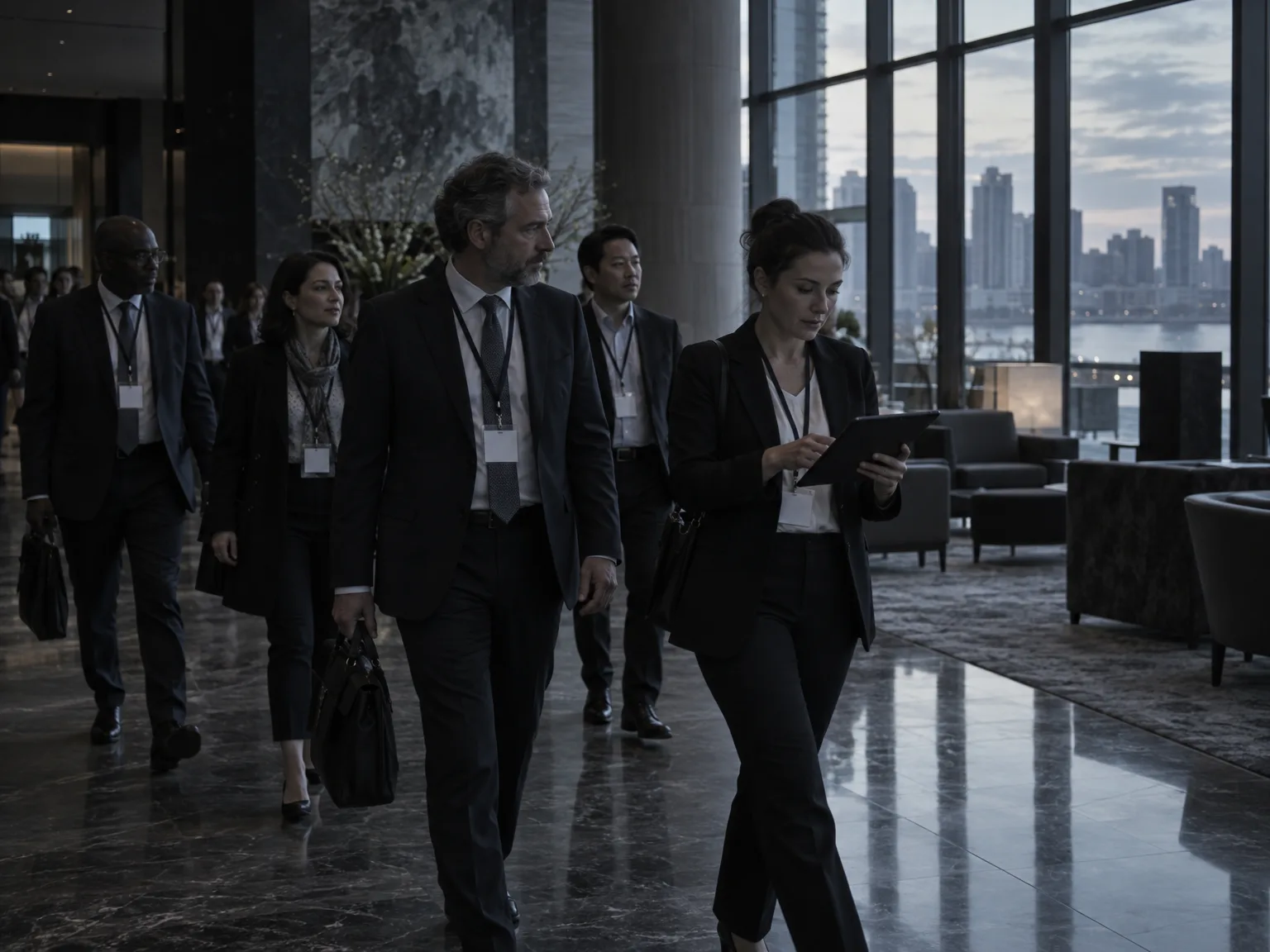 A conference delegation with lanyards crosses a dim hotel lobby at dusk while their organiser checks a list on a tablet