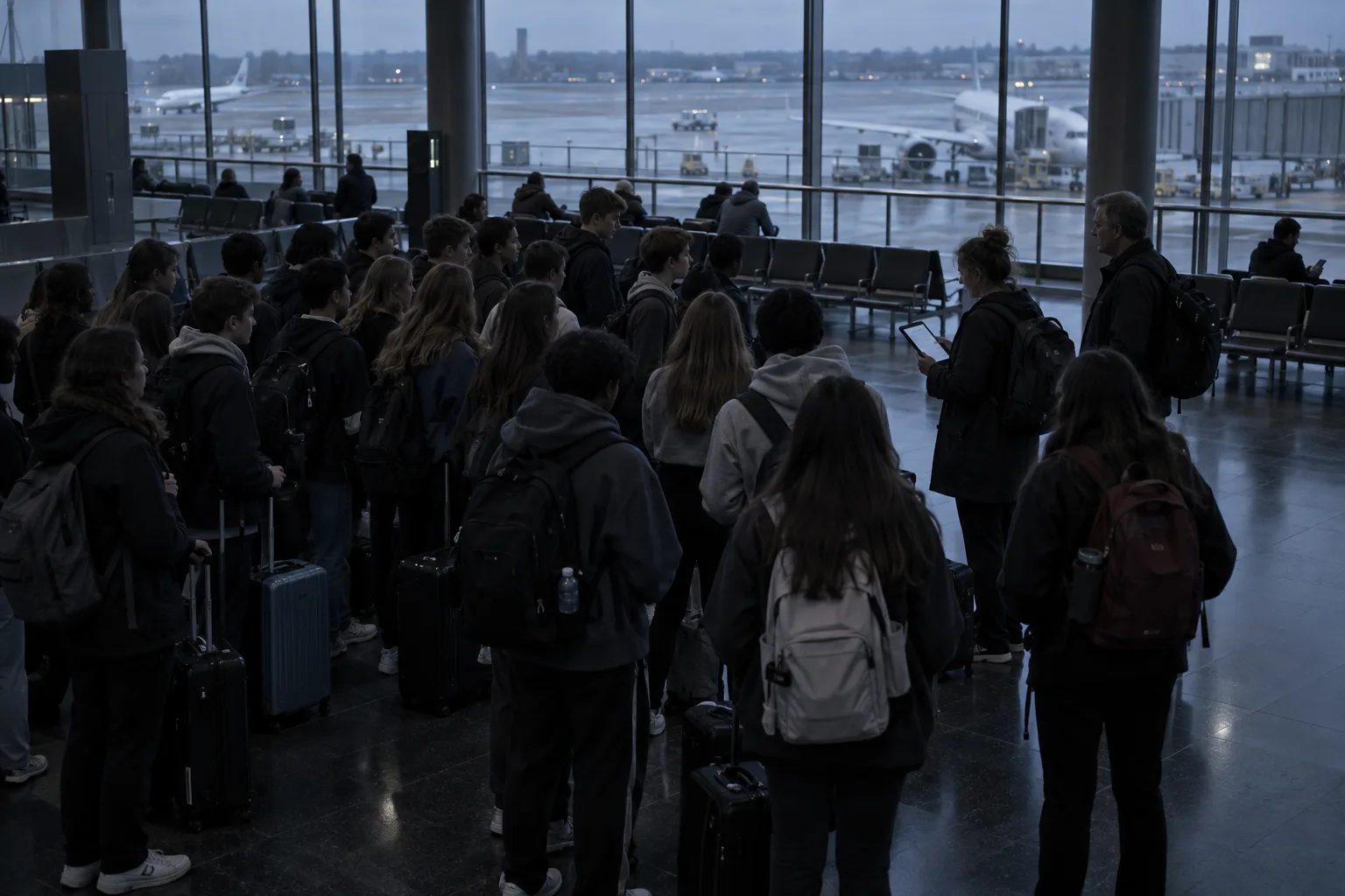 A school group waiting in an airport departure hall at first light while a teacher counts heads on a tablet
